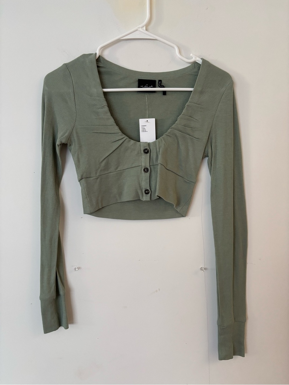 brand new! urban outfitters sage green scoop neck button long sleeve crop top